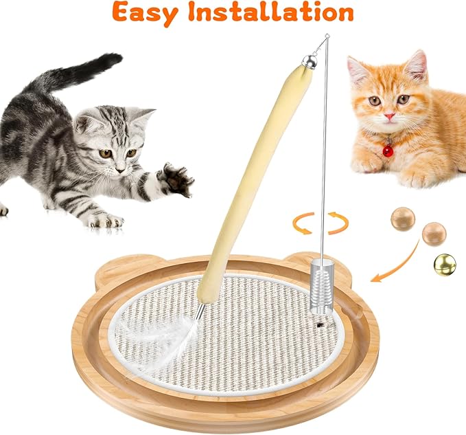 3-in-1 Cat Toys, Scratcher, Toys for Indoor Cats, Natural Sisal Scratching Board, Kitten Interactive with Ball Track & Retractable Wand Toy & Feather-PawvioPets