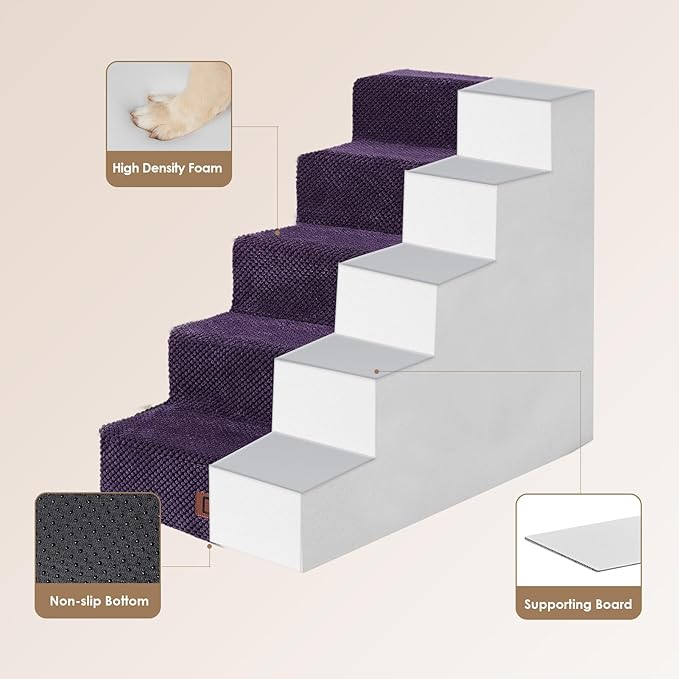 EHEYCIGA Dog Stairs for High Bed 22.5" H, 5-Step Dog Steps for Bed, Pet Steps for Small Dogs and Cats, Non-Slip Balanced Pet Ramp Indoor, Purple-PawvioPets