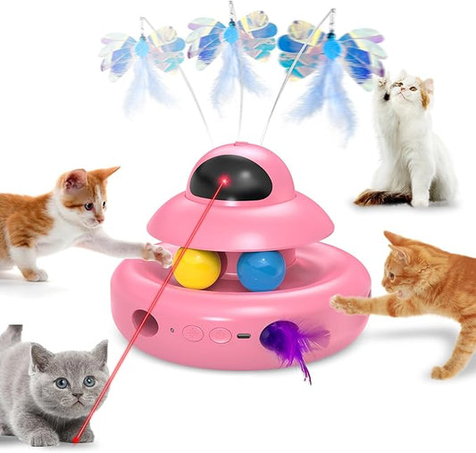 Automatic Cat Toys,4-in-1 InteractiveCat Toys for Bored Indoor Adult Cats, Electric Flying Butterfly,Rechargeable Moving Ambush Feather,Pink Kitter Toy Track Balls-PawvioPets