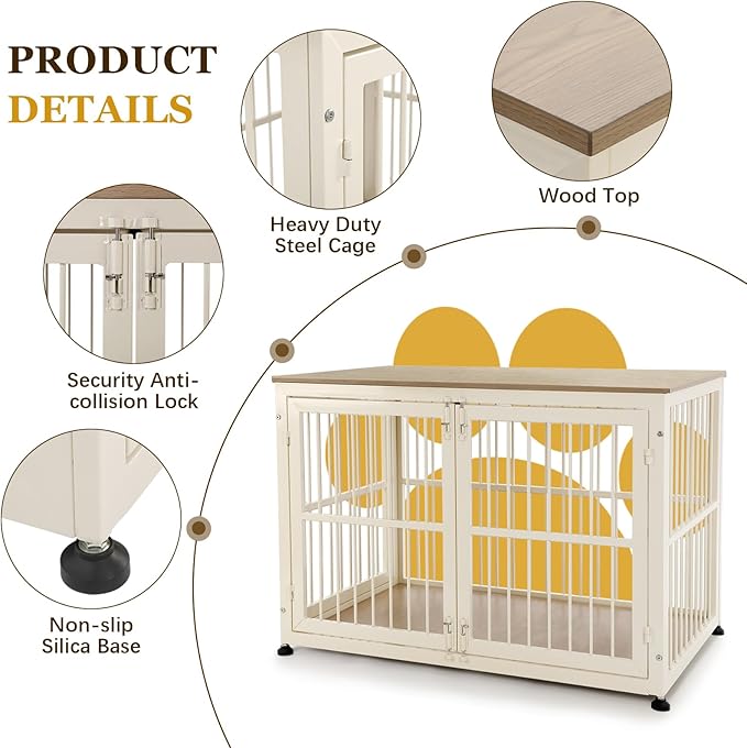 40 Inch Dog Crate Furniture for Large Medium Dogs, Wooden Heavy Duty Dog Kennel with Double Doors, Decorative Pet House Dog Cage Side End Table Indoor, Pet Cage Dog House, Beige-PawvioPets