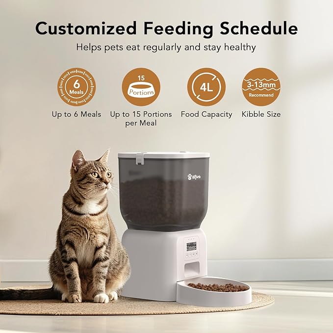 Automatic Dog & Cat Feeder, with Freshness Preservation, 4L Timed Cat Feeder with LCD Screen.Up to 6 Meals Per Day and 1-15 Portion for Cats & Dog (White)-PawvioPets