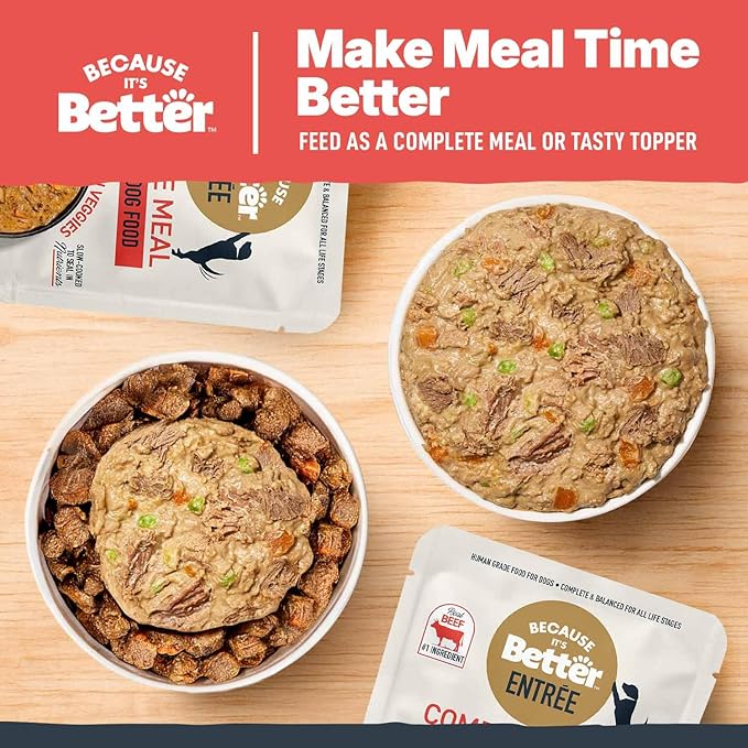 Because it's Better Entrée Complete Meal, Beef Stew with Veggies, Human Grade Wet Dog Food, 10 oz Pouches, 6 Count-PawvioPets