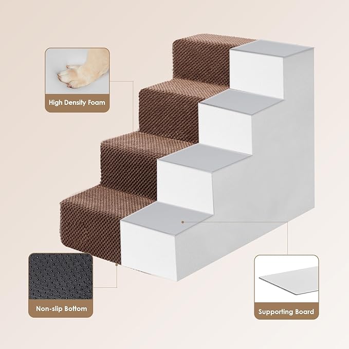 EHEYCIGA Dog Stairs for Bed 18" H, 4-Step Dog Steps for High Bed, Pet Steps for Small Dogs and Cats, Non-Slip Balanced Pet Indoor Ramp, Brown-PawvioPets