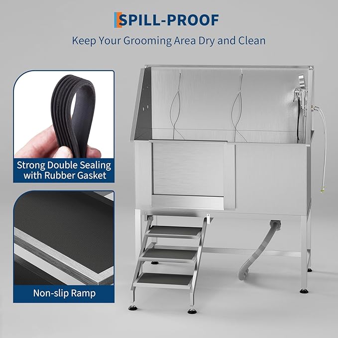 50" Stainless Steel Professional Dog Washing Station - Pet Bathing Tub w/Non-Slip Stairs | Slip-Resistant Floor Grate | for Large/Medium/Small Dogs-PawvioPets