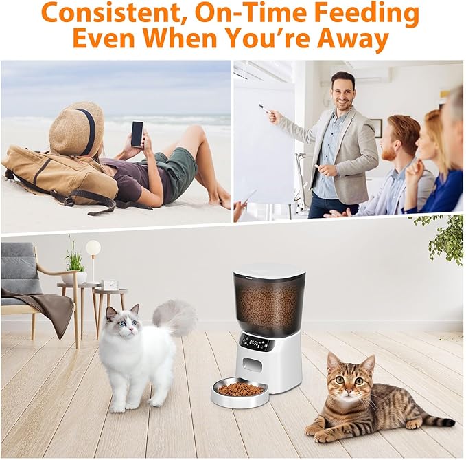Automatic Cat Feeder, Cat Food Dispenser with Stainless Steel Bowl, Timed Portion Control 20 Portions 6 Meals Per Day, Voice Recorder, Dual Power Supply for Small Dogs (White)-PawvioPets