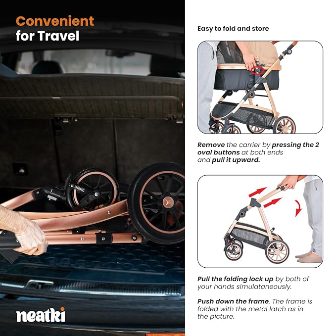 3 in 1 Pet Stroller - Stroller for Small to Medium Dogs and Cats up to 55 lbs, with Detachable Carrier/Car Seat, Foldable and Lightweight, Detachable Cushion + Cup Holder (Gray)-PawvioPets