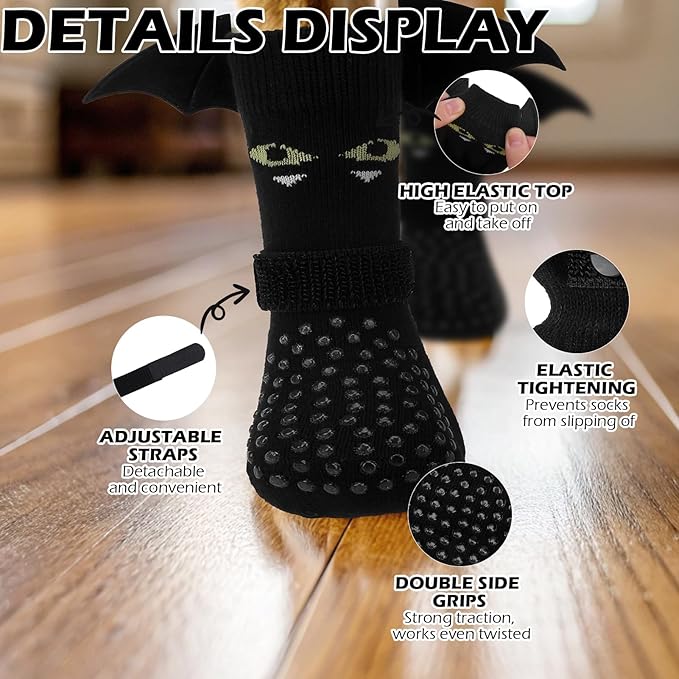 EXPAWLORER Halloween Anti Slip Dog Socks to Prevent Licking Paws, Boots & Paw Protectors with Grippers,Doggie Booties for Hardwood Floors for Small Medium Large Senior Dogs Costume Black Devil Wings M-PawvioPets