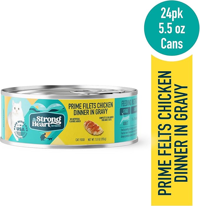 A Strong Heart Canned Wet Cat Food, Prime Filets Chicken Dinner in Gravy - 5.5 oz Cans (Pack of 24), Made in The USA with Real Chicken-PawvioPets