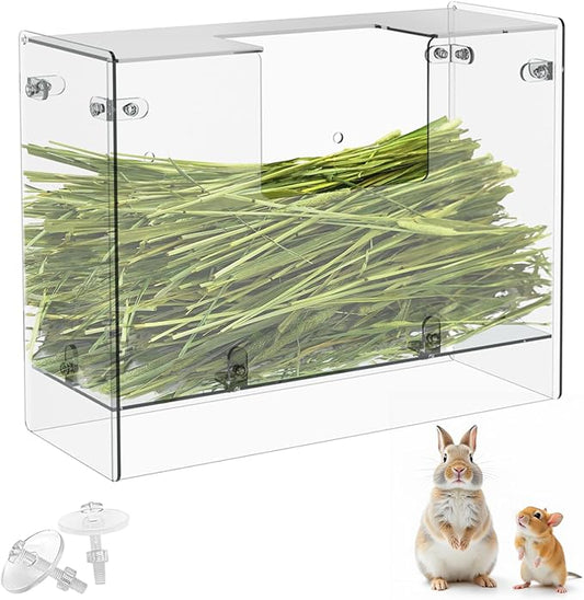 Acrylic Rabbit Hay Feeder with Lid, Transparent Hanging Food Dispenser Hay Feeder for Bunny Rabbits Guinea Pig Cage Chinchillas Hamsters Small Pets and Animals（Medium-PawvioPets