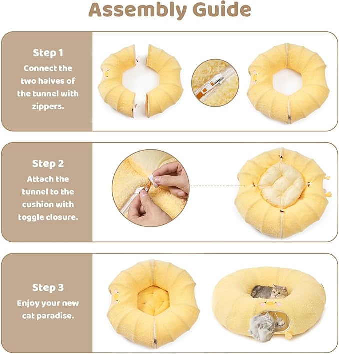 EHEYCIGA Cat Tunnel Bed for Indoor Cats, Cute Cat Donut Toy Tunnel for Small Large Cats with Washable Circle Cushion, Peekaboo Pet Cave Play Tunnel for Kitten, Puppy, Rabbit-PawvioPets