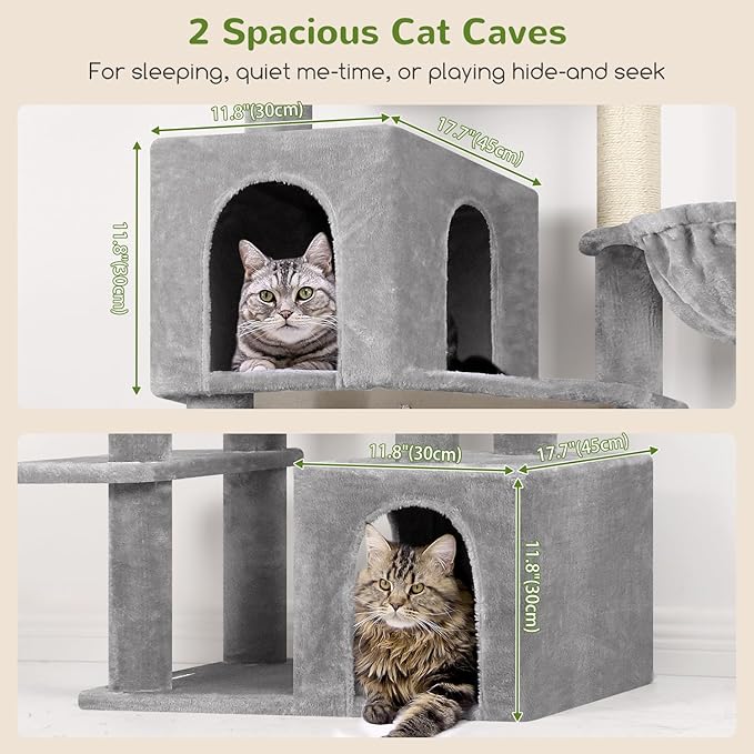 Globlazer Tall Cat Tower, 76 inch Multiple Level Cat Climbers for Indoor Cats, XL Cat Tree with 5 Scratching Posts, 2 Cat Condos, Hammock, 2 Hanging Baskets, F76B, Light Grey-PawvioPets