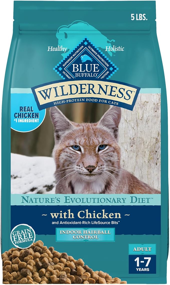 Blue Buffalo Wilderness High Protein Indoor Hairball Control Chicken Dry Cat Food for Adult Cats, Grain-Free, 5 lb. Bag-PawvioPets