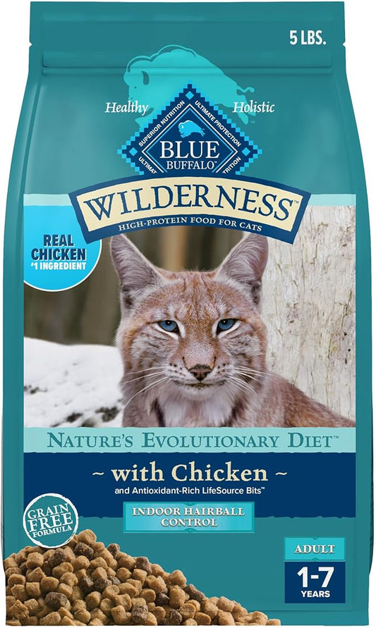 Blue Buffalo Wilderness High Protein Indoor Hairball Control Chicken Dry Cat Food for Adult Cats, Grain-Free, 5 lb. Bag-PawvioPets