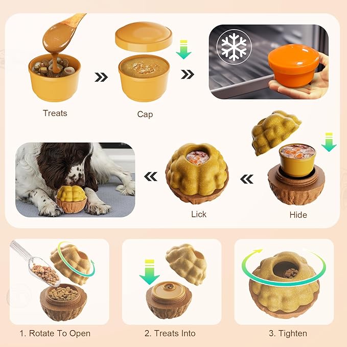 Dog Frozen Treats Toy, Cognitive Dogs Brain Stimulation Toys for Aggressive Chewers, Interactive Dispensing Toy Enrichment Keep Them Busy No-Boredom, Tough Nylon&Coffe Wood Fillable Puzzle Dog Feeder-PawvioPets