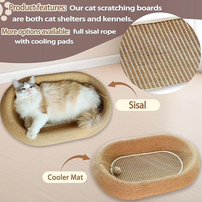 3-in-1 Sisal Scratching Board Bed, for Indoor Cats, Large Oval Cat Scratching Board, Toys for Playing and Nursing Paws (24x15x5 inches) (Large Size, Cat Bed - with Cooling Pad)-PawvioPets