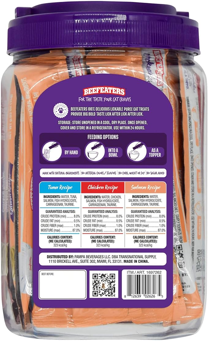Beefeaters Cat Treats Variety Pack Lickable Puree 48ct – Salmon, Tuna & Chicken, Grain-Free, Taurine-Enriched, Ideal for Training & Interactive Feeding-PawvioPets