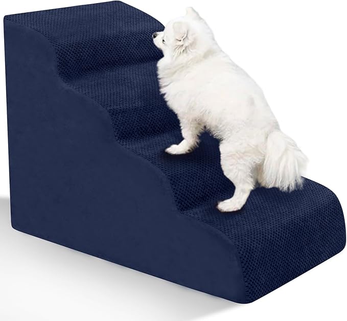 Dog Stairs for Small Dogs - High Density Foam Pet Steps, Extra Wide Dog Ramp with Non-Slip Bottom for High Beds, Couch and Sofa, Best for Dogs Injured, Older Doggy Cats, 4 Steps, Navy-PawvioPets
