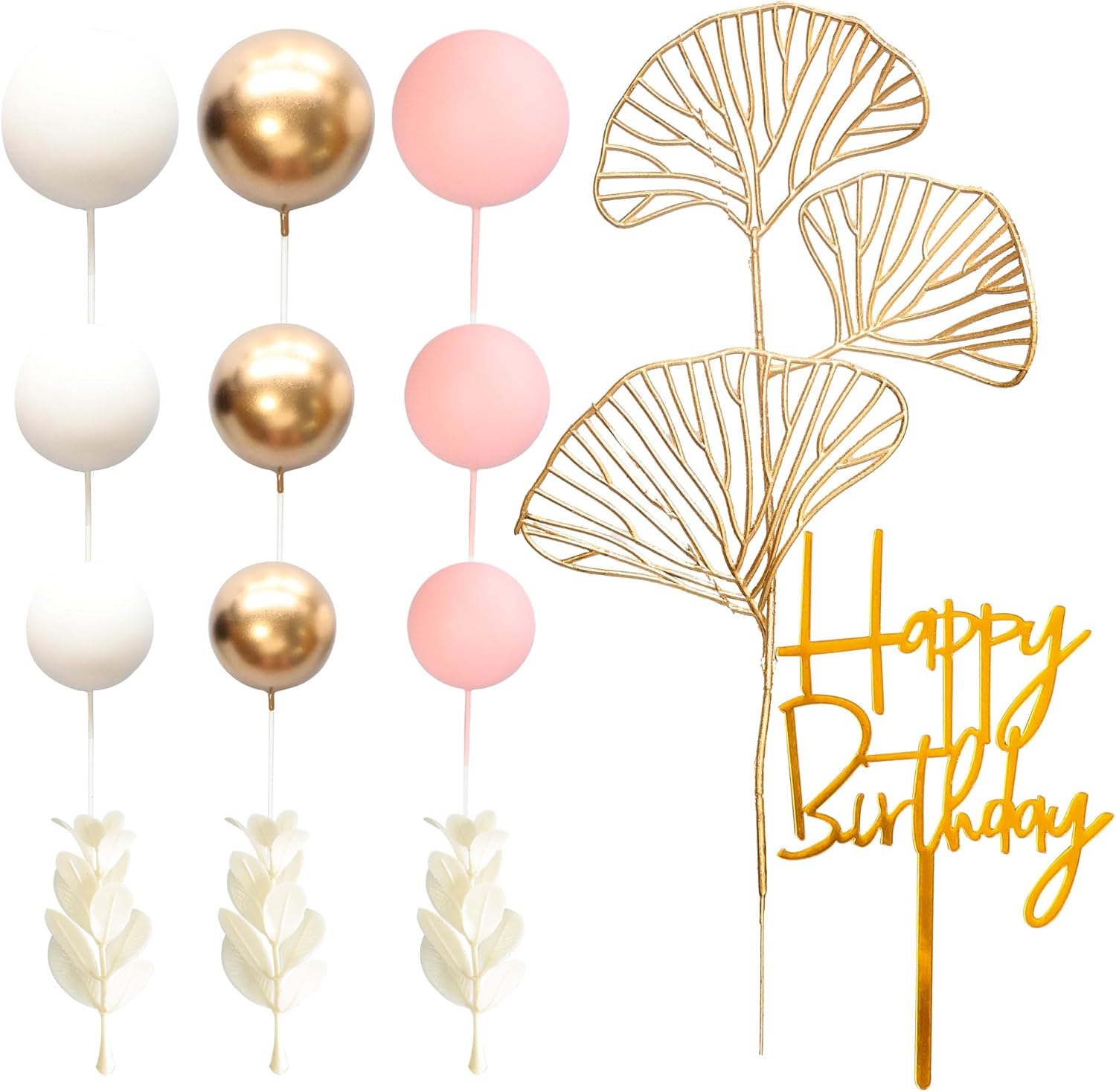 Gyufise 57Pcs Balls Cake Topper Boho Grass Cake topper Pearl Balls Acrylic Happy Birthday Cake Decorations for Wedding Baby Shower Birthday Boho Themed Party Supplies Pink