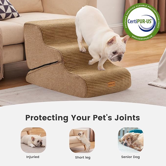 Gardner Pet Dog Stairs for Small Dogs 16.5" H, 2 in 1 Transformable 3-Step Pet Stairs and Dog Ramp for Couch (13-20 in), Brown Adjustable Pet Steps with Non-Slip Waterproof Cover and CertiPUR-US Foam-PawvioPets