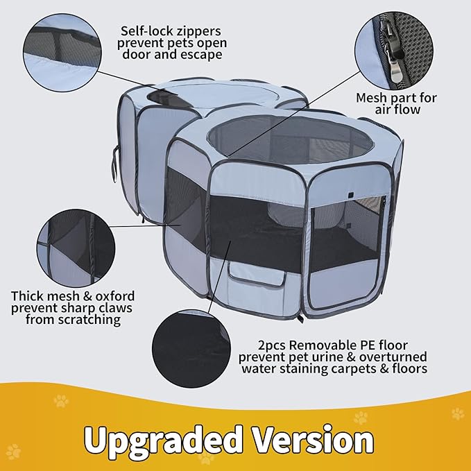 EighteenTek XLarge 2-in-1 Pop up Dog Playpen, Assembly-Free, with Leakproof Pet Pee Pads,Portable Foldable Cat Tent Enclosure Indoor Outdoors Puppy Kittens Small Animals Crates (L, 90" Lx45 Wx28 H)-PawvioPets