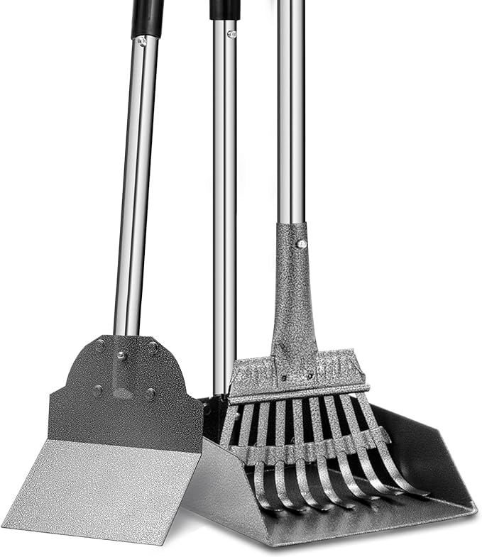 Dog Pooper Scooper, Tray Rake and Spade 3 Pack Poop Scoop Adjustable Long Handle Metal with Bin for Pet Waste Removal, No Bending Clean Up for Large and Small Dogs-PawvioPets