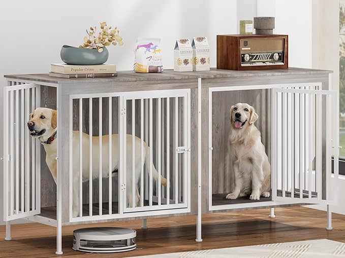 78 Inch Dog Cage Furniture for 2 Large/Medium Dogs with Removable Divider, Extra Large Double Doors Dog Kennel, XXL Thick Wooden Dog cage Furniture, Durable and Sturdy, Beige-PawvioPets