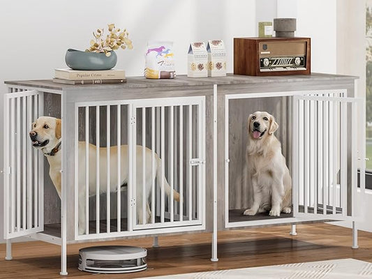 78 Inch Dog Cage Furniture for 2 Large/Medium Dogs with Removable Divider, Extra Large Double Doors Dog Kennel, XXL Thick Wooden Dog cage Furniture, Durable and Sturdy, Beige-PawvioPets