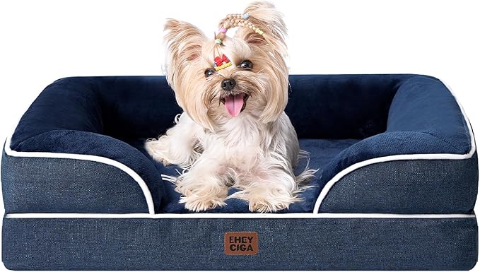 EHEYCIGA Orthopedic Dog Bed for Small Dogs, Waterproof Memory Foam Small Dog Beds with Sides, Non-Slip Bottom and Egg-Crate Foam Medium Pet Couch Bed with Washable Removable Cover, Navy-PawvioPets