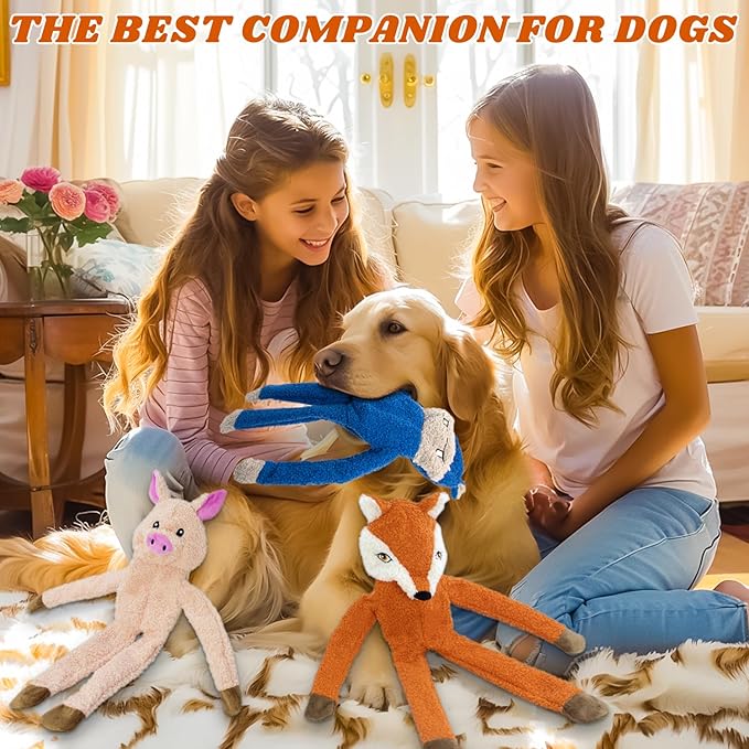 3 Pack No Stuffing Crinkle Squeaky Interactive Plush Dog Toys for Aggressive Chewers to Keep Puppy Busy for Boredom Small & Medium Breeds Furry Friend Teething Orange Fox Pink Pig Blue Hippo-PawvioPets