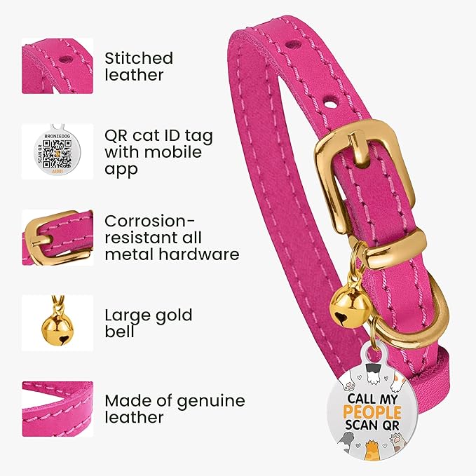 BRONZEDOG Leather Cat Collar with Removable Bells Non Breakaway Kitten QR Tag for Girl Boy (7" - 9" for Cats, Pink & Gold)-PawvioPets