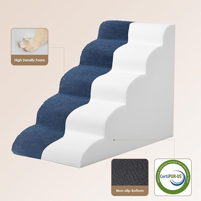 EHEYCIGA Curved Dog Stairs Ramp for High Beds 22.6" H, 5-Step Dog Steps for Small Dogs and Cats, Pet Stairs for High Bed Climbing, Non-Slip Balanced Pet Step Indoor, Navy-PawvioPets