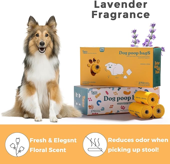 Dog Poop Bags Rolls Biodegradable 100% Leak Proof Dog Waste Bags -270 Count 18 Rolls - Cornstarch Based Doggie Poop Bag for puppy and Big Dogs(Lavender)-PawvioPets