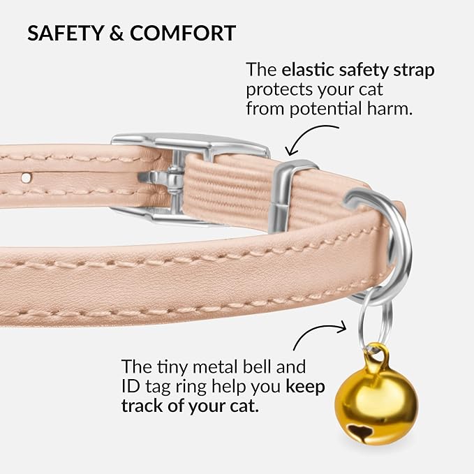 CollarDirect Leather Cat Collar with Bell - Kitten Small and Big Cat Collar for Boy Cats, Girl Cats with Safety Elastic Strap (Neck Fit 6"-7", Beige)-PawvioPets