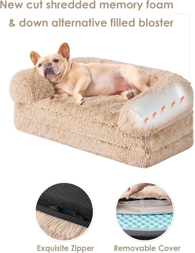 EHEYCIGA Foldable Dog Bed, Faux Fur Fluffy Dog Couch Bed, Orthopedic Calming Memory Foam Pet Bed for Small Dogs, Washable Soft Warm Pet Sofa Bed with Non-Slip Bottom, Camel, 40"x30"x6"-PawvioPets