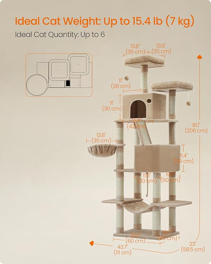 Feandrea Cat Tree, 81.1-Inch Large Cat Tower with 13 Scratching Posts, 2 Perches, 2 Caves, Basket, Hammock, Pompoms, Multi-Level Plush Cat Condo for Indoor Cats, Camel Brown UPCT190K01-PawvioPets