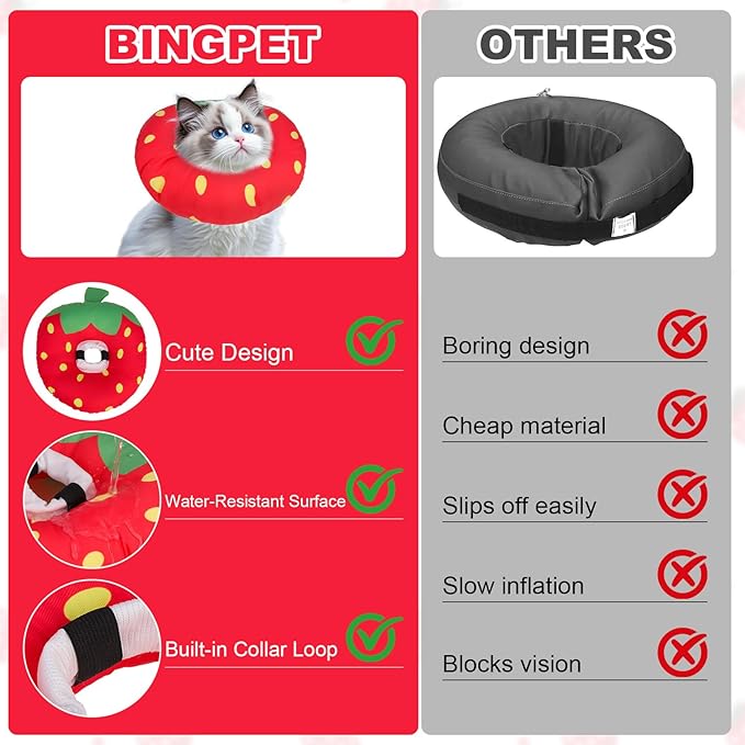 BINGPET Cat Cone Collar Soft,Waterproof Cat Recovery Collar to Stop Licking,Cute Donut Elizabethan e Collar for Cats Kittens Puppies Wound Healing After Surgery(Strawberry,Small)-PawvioPets