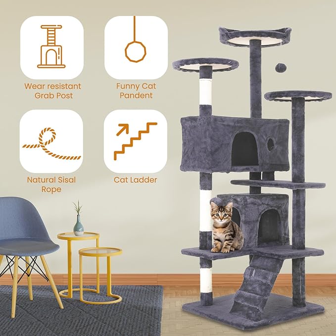 54.7 inches Cat Tower for Indoor Cats Multi-Level Cat Condos for Cat Tree Cat Climbing Tower with Scratching Posts, Hanging Toys,Ashy-PawvioPets