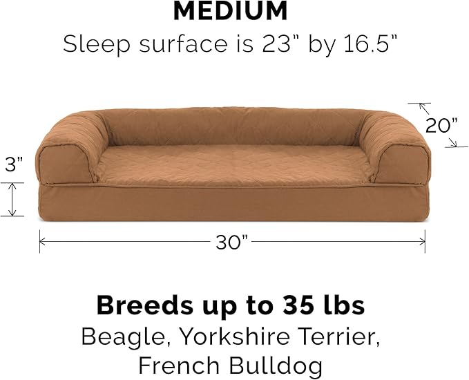 Furhaven Cooling Gel Dog Bed for Medium/Small Dogs w/ Removable Bolsters & Washable Cover, For Dogs Up to 35 lbs - Quilted Sofa - Toasted Brown, Medium-PawvioPets
