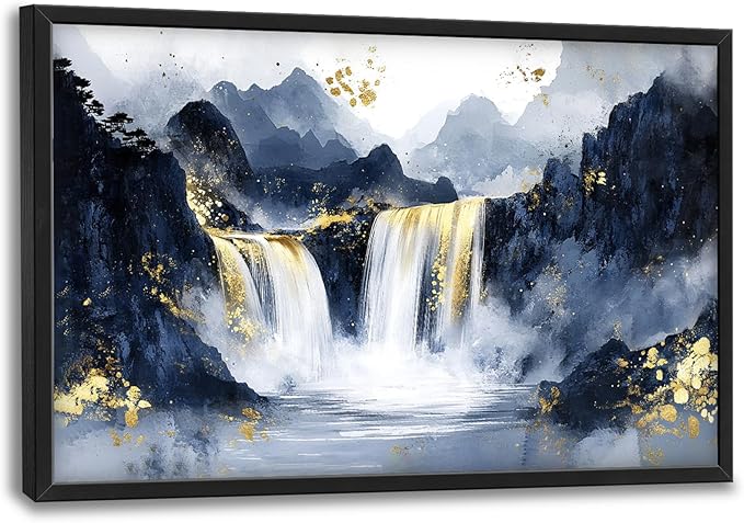 Extra Large Abstract Golden Waterfall Framed Wall Art for Living Room,Oversized Foggy Mountain Pictures Wall Decor,Canvas Print Painting Modern Artwork Bedroom Office Bathroom 36L" x 24W"-PawvioPets