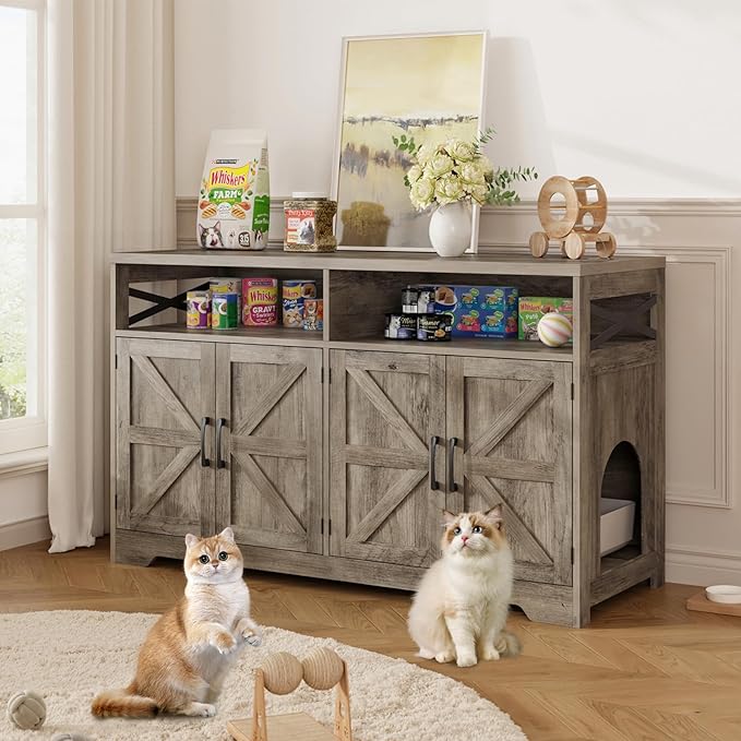 Cat Litter Box Enclosure for 2 Cats, 47" Hidden Litter Box Furniture Cat Washroom with Double Large Room, Farmhouse Indoor Litter Box Cabinet TV Stand, Grey-PawvioPets