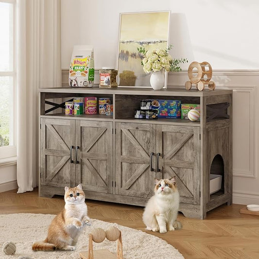 Cat Litter Box Enclosure for 2 Cats, 47" Hidden Litter Box Furniture Cat Washroom with Double Large Room, Farmhouse Indoor Litter Box Cabinet TV Stand, Grey-PawvioPets