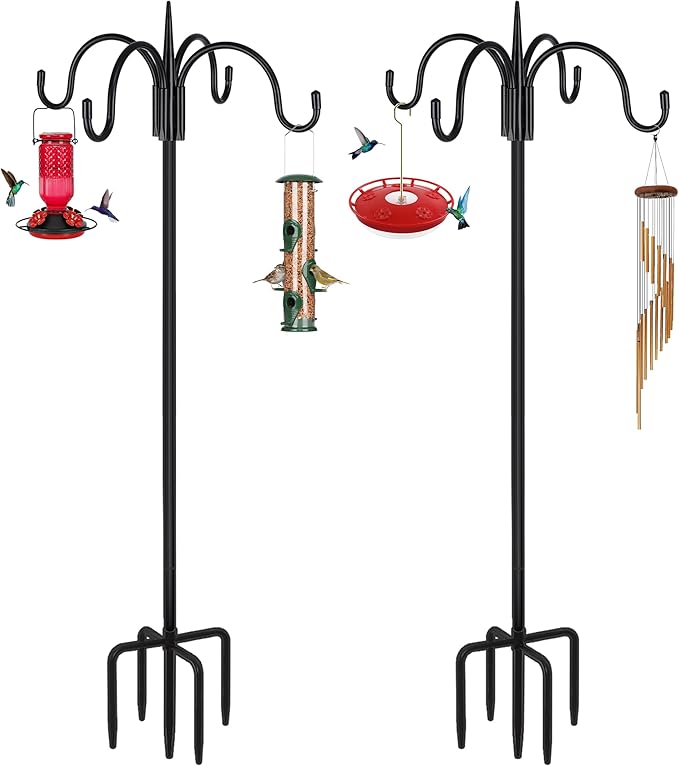 FEED GARDEN 76 Inch Four Shepherd Hooks for Outdoor,Bird Feeder Pole with 5 Prong Base, Adjustable Shepard Hooks for Hanging Plant, Solar Lanterns, Wind Chimes, 2 Pack-PawvioPets