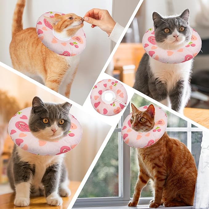 Cat Cone Soft Collar, Adjustable Cat Recovery Collar for Small Medium Large Cats, Cute Donut E Collar After Surgery, Anti-Lick Wound Healing Elizabethan Collar for Kittens (Pink Heart, Large)-PawvioPets