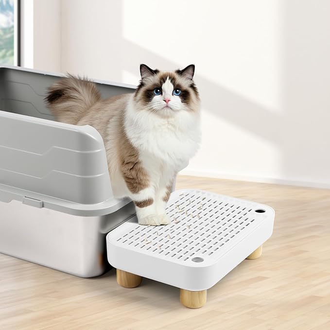 Cat Litter Box Step Ramp, Cat Litter Catcher Mat with Wooden Feet, Filter Function, Cat Pedal Stool for Self-Cleaning Cat Litter Box, Ideal for Kitten & Elderly Cats (White)-PawvioPets