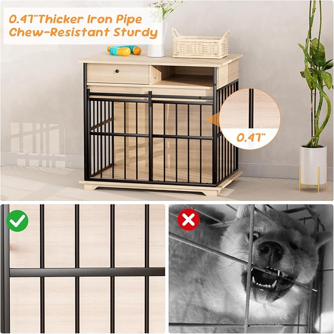 35.5" Dog Crate Furniture, Wooden Dog Crate Furniture for Medium Small Dogs, Wooden Dog Kennel End Table with Drawer and Open Shelves, Sliding Door Dog Kennel Furniture-PawvioPets