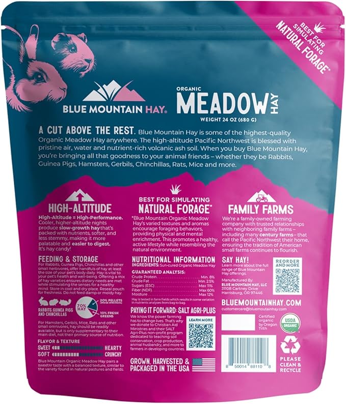 Blue Mountain Hay | Fresh Organic Meadow Hay (24 Ounce) | Mimics Natural Forage | High-Altitude Hay Pet Food for Rabbits, Guinea Pigs, Chinchillas, Hamsters, and Other Small Pets-PawvioPets