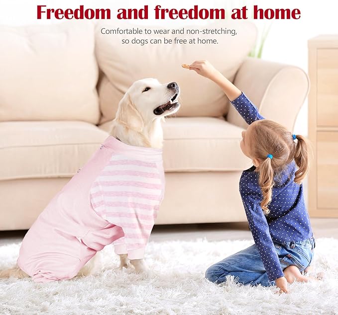 Dog Recovery Suit, Abdominal Wound After Surgery Wear, Anti Licking Bodysuit with Snaps, E-Collar & Cone Alternatives, Striped Dog Spay Surgical Pajamas Prevent Shedding(Small, Pink)-PawvioPets