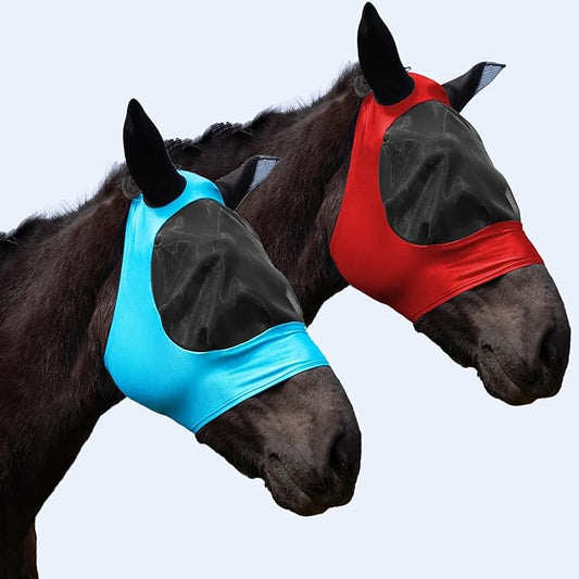 2 Piece Horse Fly Mask with Ears, Comfortable Fit Stretch Fabric Big Eye Space Soft Breathable with UV Protection for Full Horses (Red-Blue)-PawvioPets