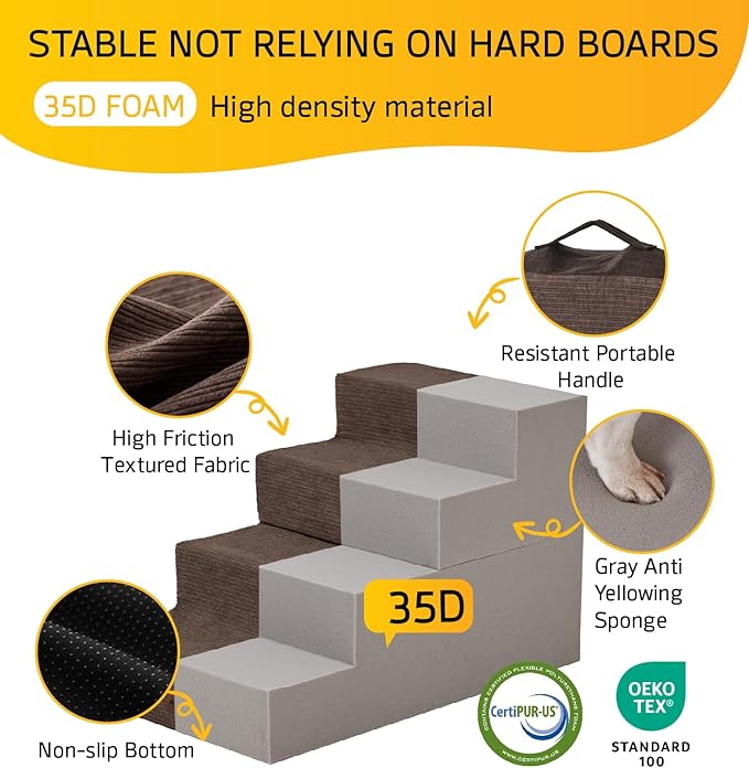 Dog Stairs for Bed, Dog Steps for Bed Couch Sofa, 35D Foam Pet Steps for Small Dogs and Cats, Extra Wide Pet Stairs with Non-Slip Bottom Brown, 3 Steps-PawvioPets