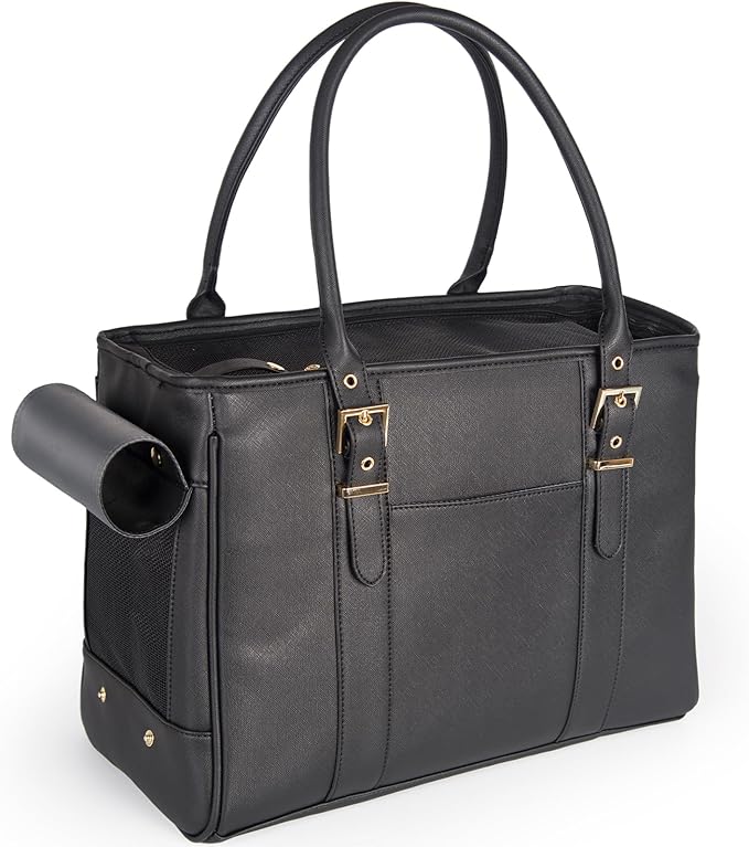 Fashion Pet Carrier Dog Purse Cat Bag Soft-Sided Carriers Travel Airline Approved, Stylish Leather Tote Handbag for Small Animal Puppy Kitten (Black)-PawvioPets